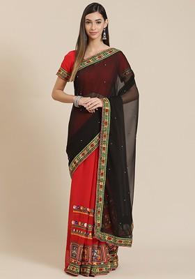 Red Embroidered Poly Blend Saree Set