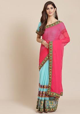Pink Embroidered Georgette Saree Set