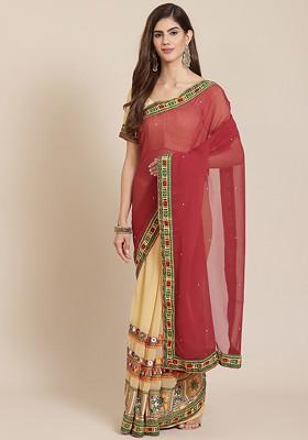 Maroon Embroidered Poly Blend Saree Set