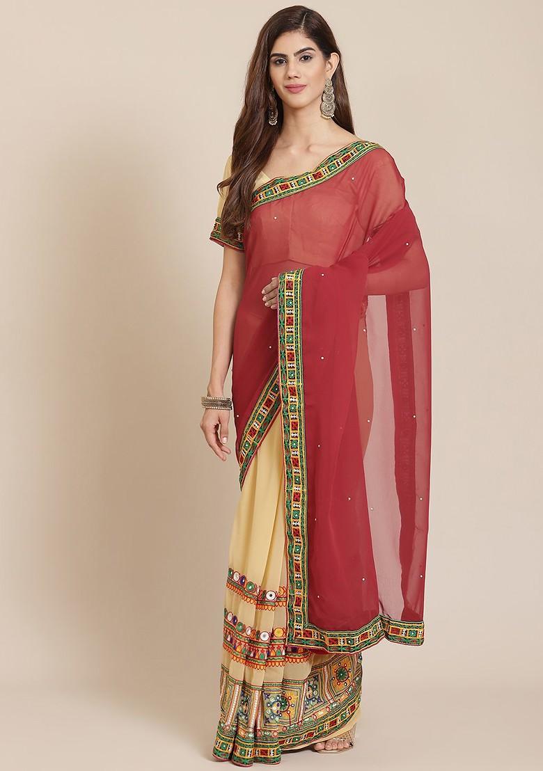 Maroon Embroidered Poly Blend Saree Set