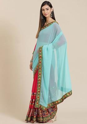 Turquoise Blue Embroidered Georgette Saree Set