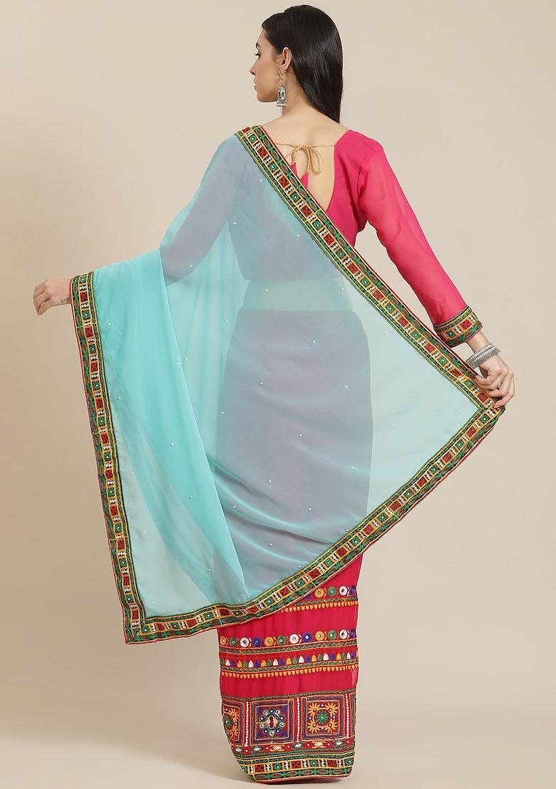 Turquoise Blue Embroidered Georgette Saree Set