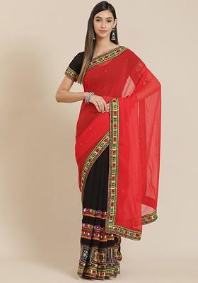 Red Embroidered Georgette Saree Set