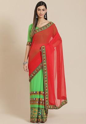 Red Embroidered Georgette Saree Set