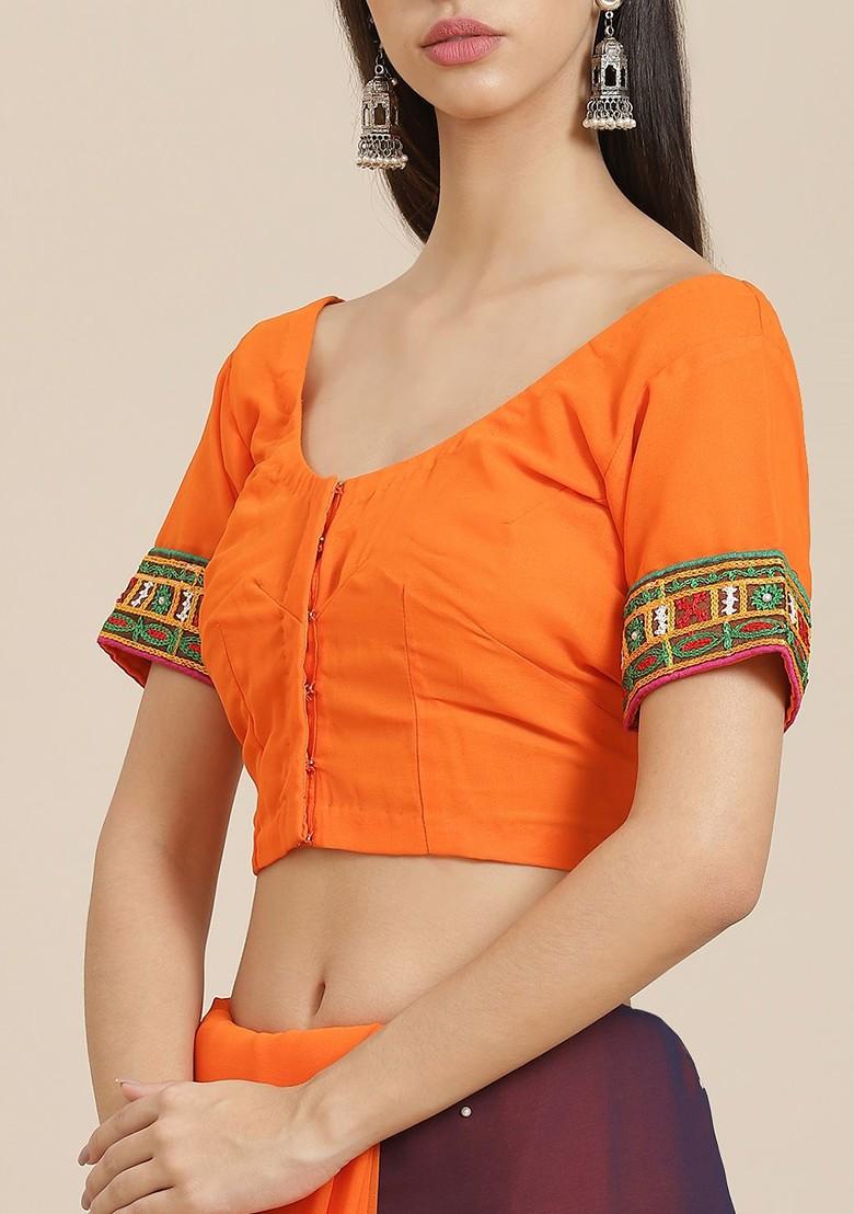Orange Embroidered Poly Blend Saree Set