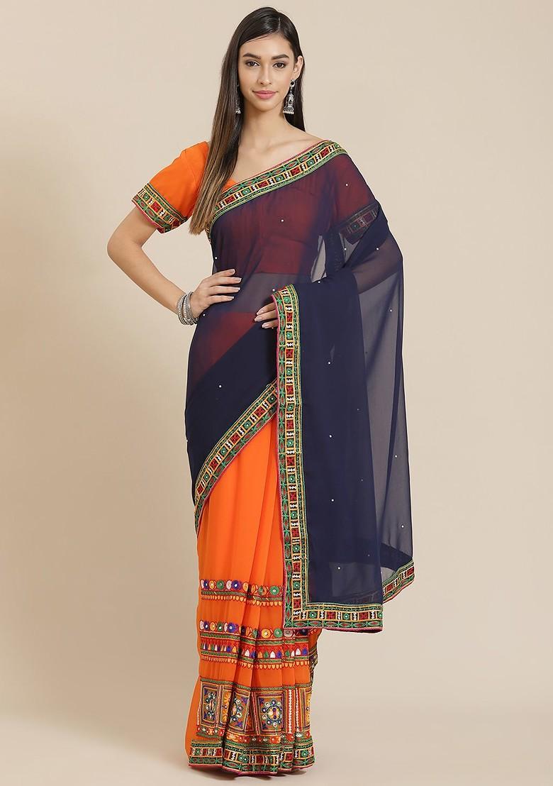 Orange Embroidered Poly Blend Saree Set