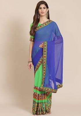 Blue Embroidered Georgette Saree Set