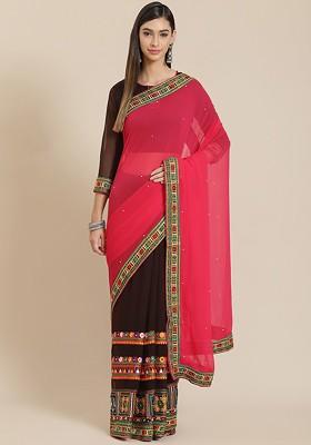 Brown Embroidered Poly Blend Saree Set
