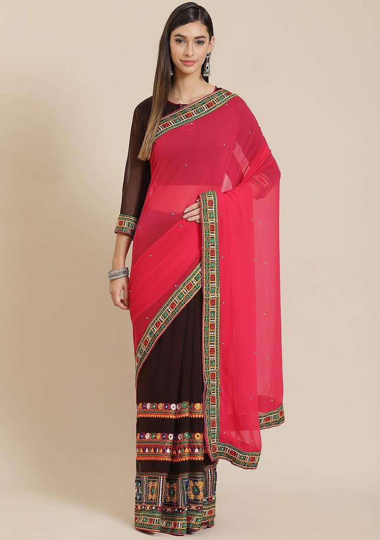 Brown Embroidered Poly Blend Saree Set