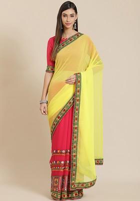 Yellow Embroidered Poly Blend Saree Set