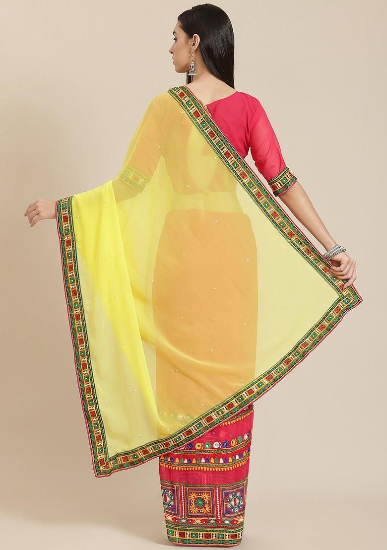 Yellow Embroidered Poly Blend Saree Set