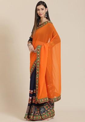Orange Embroidered Poly Blend Saree Set