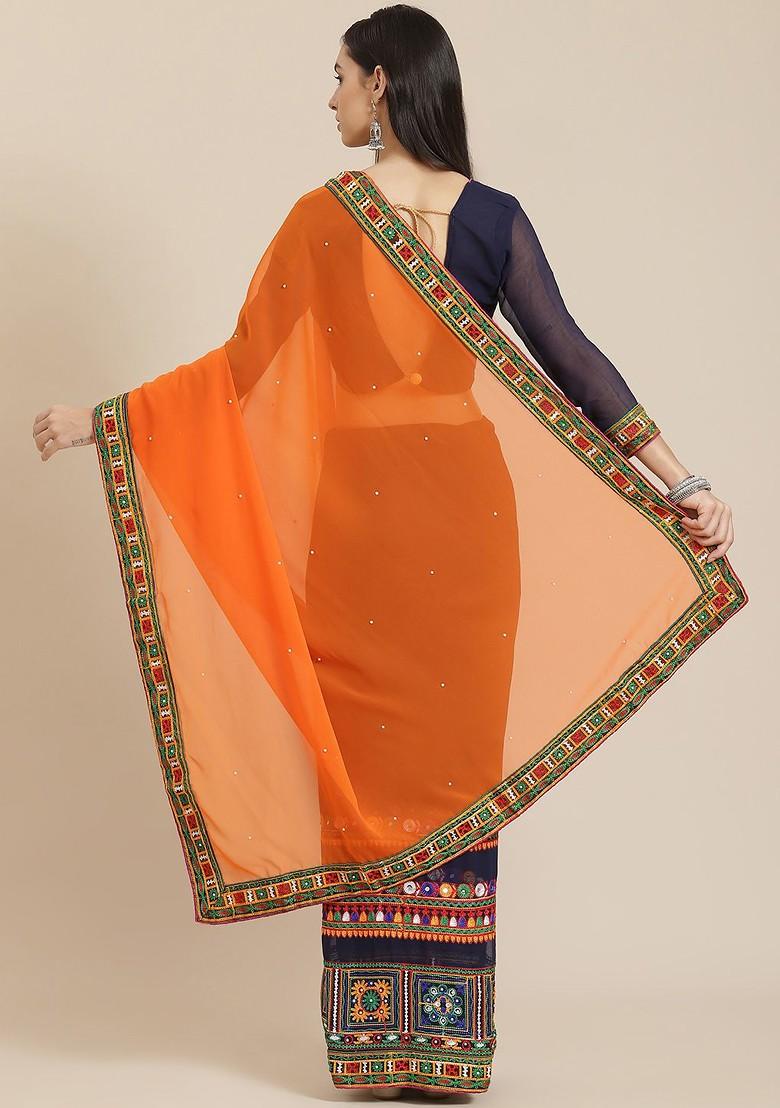 Orange Embroidered Poly Blend Saree Set