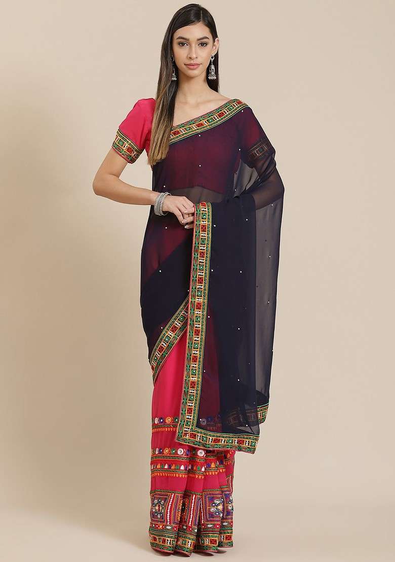 Navy Blue Embroidered Georgette Saree Set - Indya