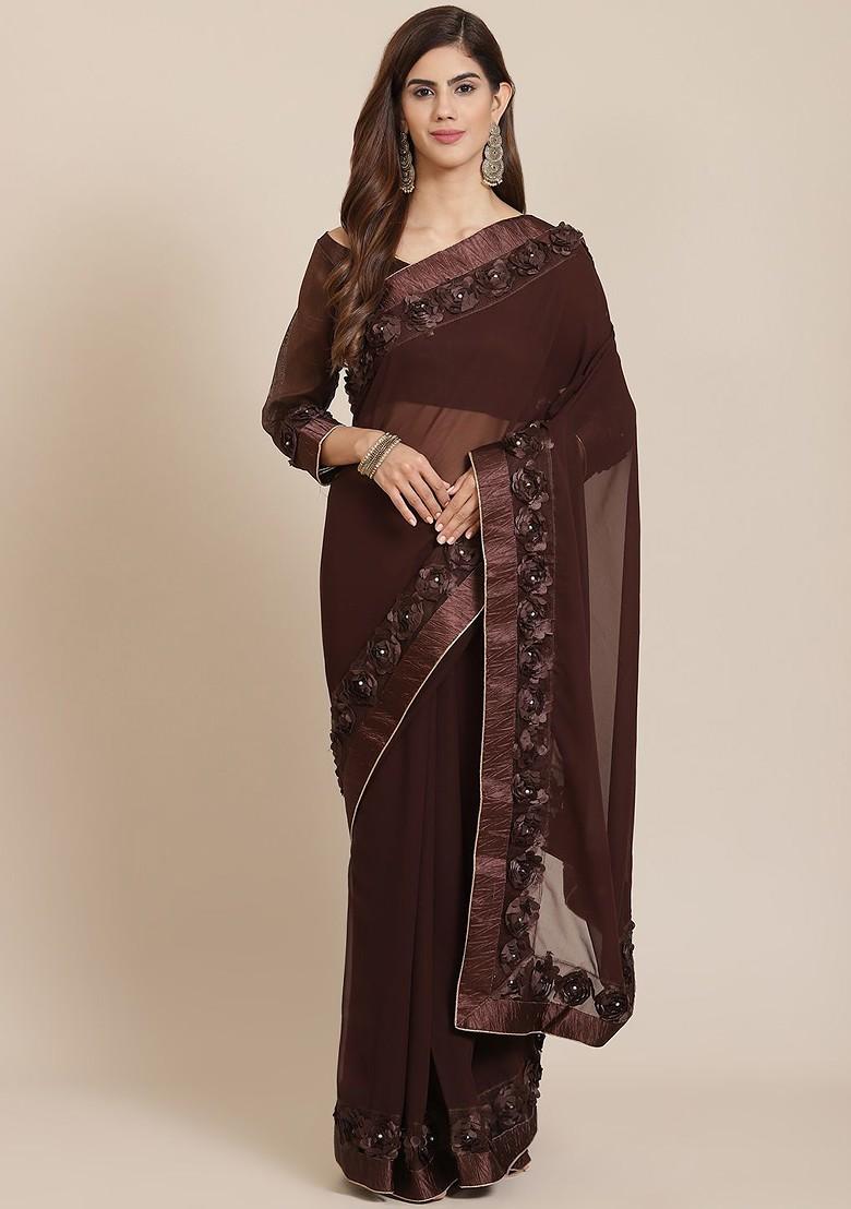 Brown Floral Print Georgette Saree Set