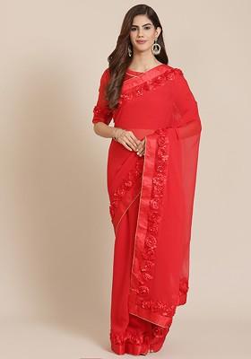 Red Solid Georgette Saree Set