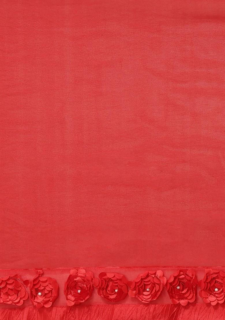 Red Solid Georgette Saree Set