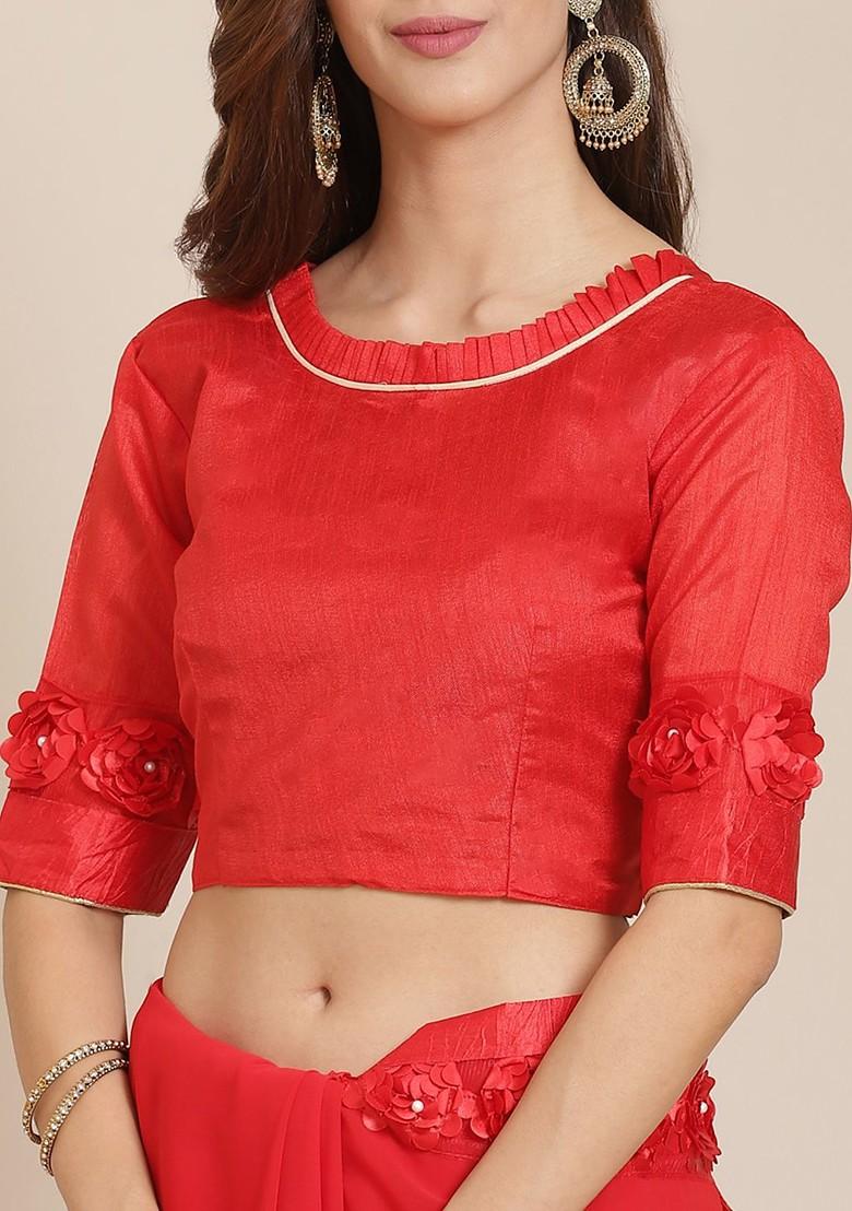 Red Solid Georgette Saree Set