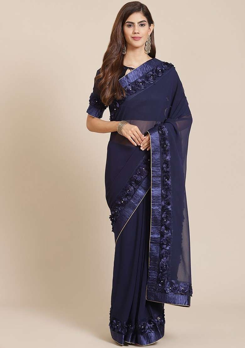 Navy Blue Floral Print Georgette Saree Set - Indya