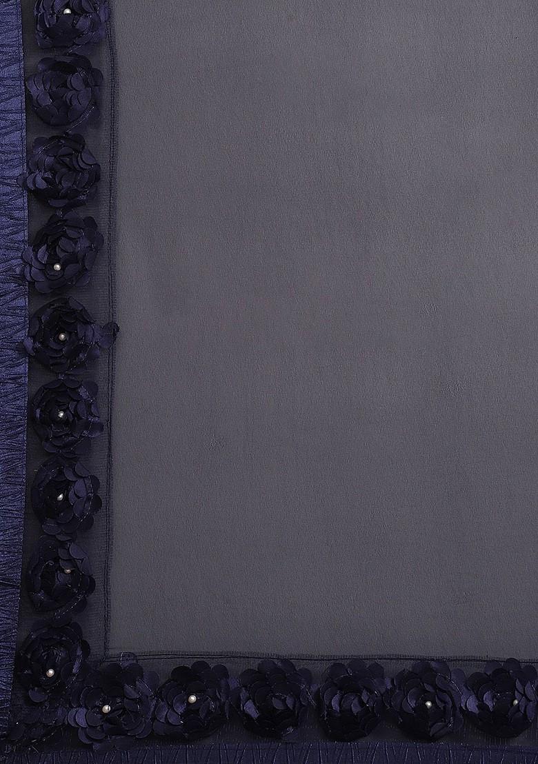 Navy Blue Floral Print Georgette Saree Set