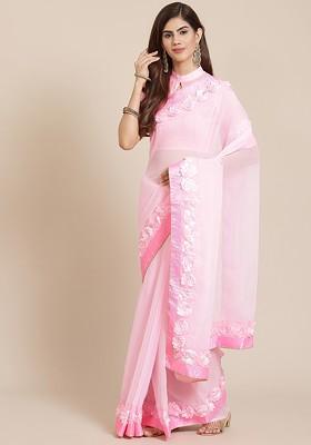 Pink Floral Print Georgette Saree Set