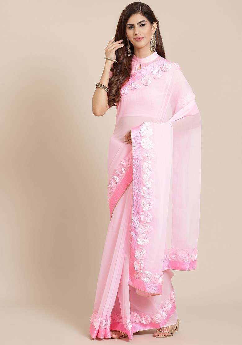 Pink Floral Print Georgette Saree Set - Indya