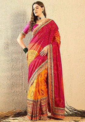 Pink Embroidered Poly Blend Saree Set