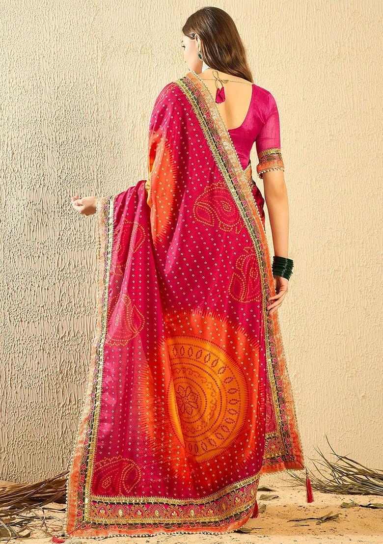 Pink Embroidered Poly Blend Saree Set
