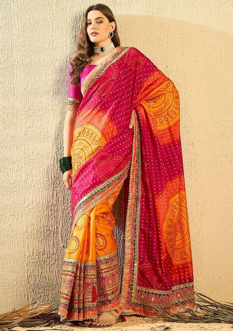 Pink Embroidered Poly Blend Saree Set