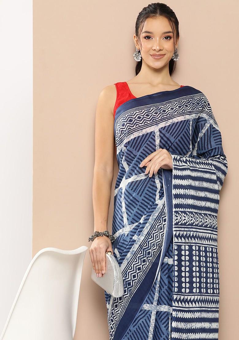 Blue Printed Cotton Saree Set