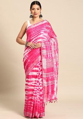 Pink Tie And Dye Linen Saree Set