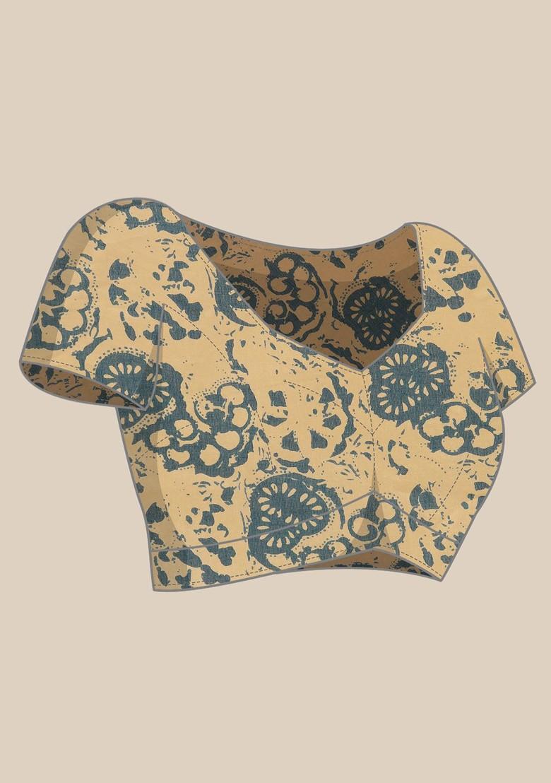 Blue Printed Cotton Saree Set