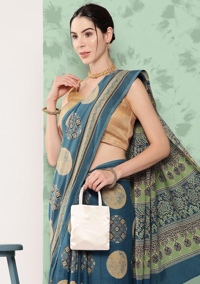 Blue Printed Cotton Saree Set