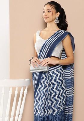 Blue Printed Cotton Saree Set
