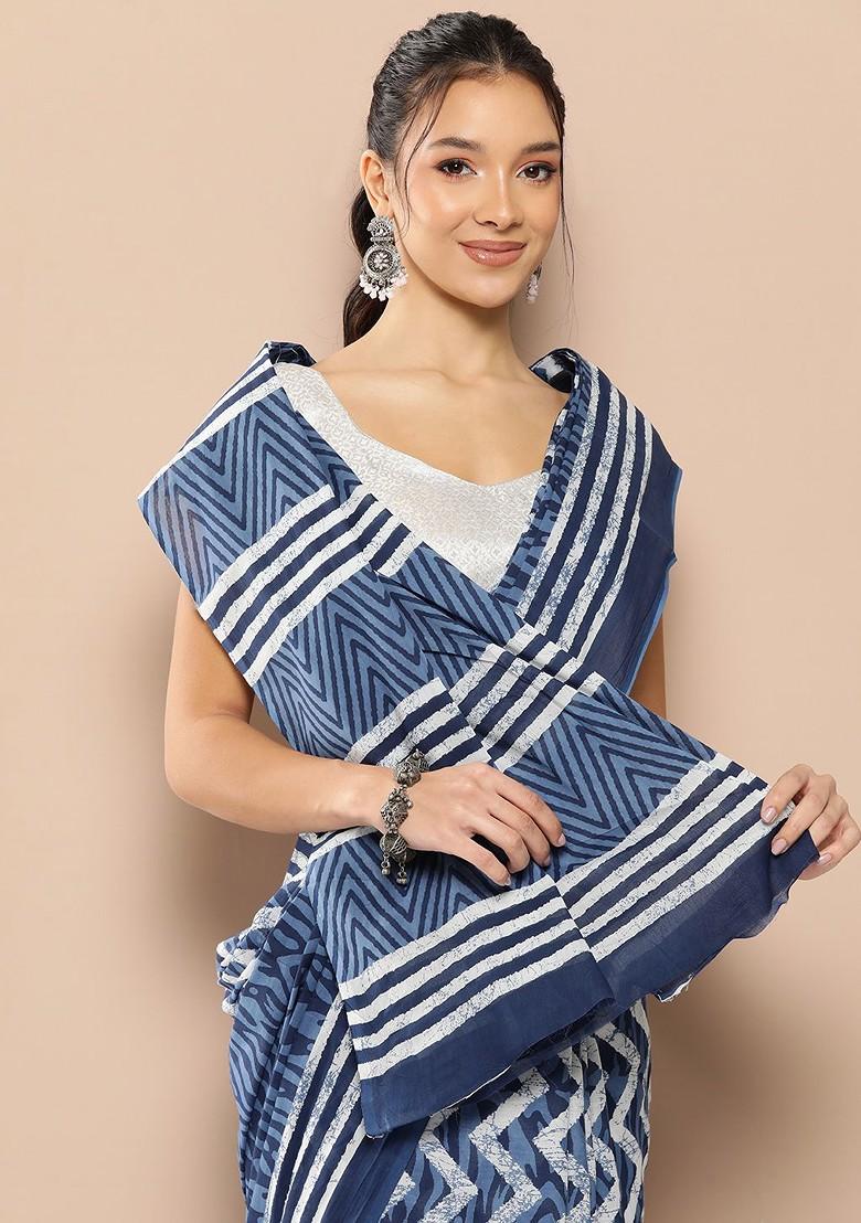 Blue Printed Cotton Saree Set