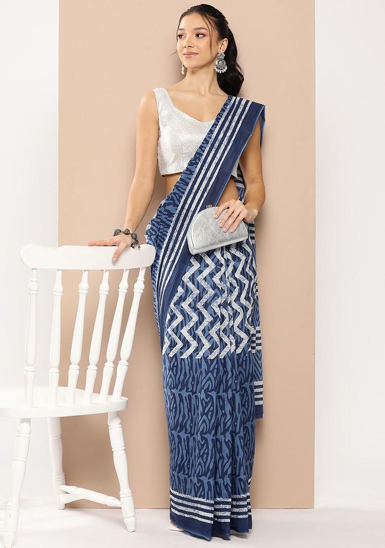 Blue Printed Cotton Saree Set
