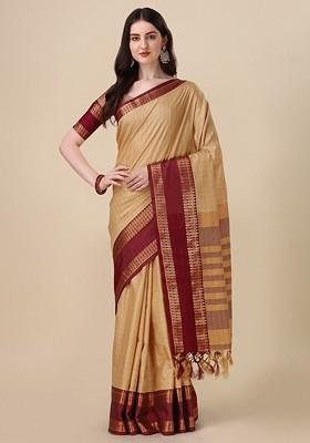 Beige Zari Silk Saree Set