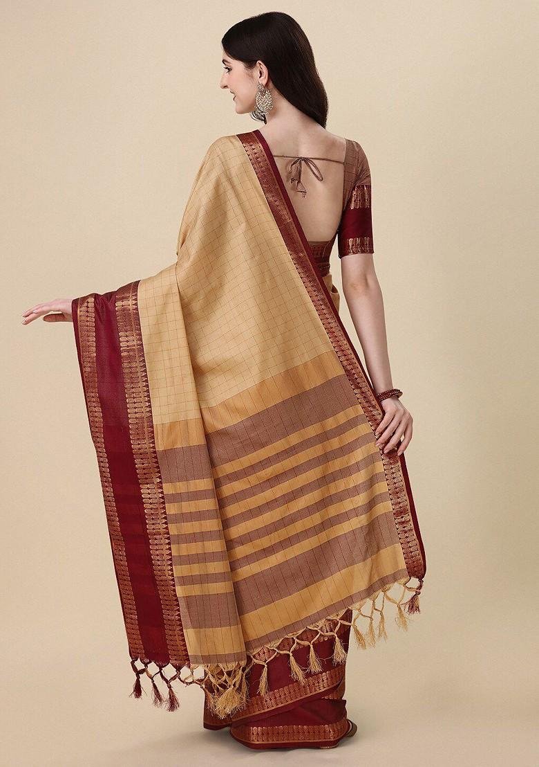 Beige Zari Silk Saree Set