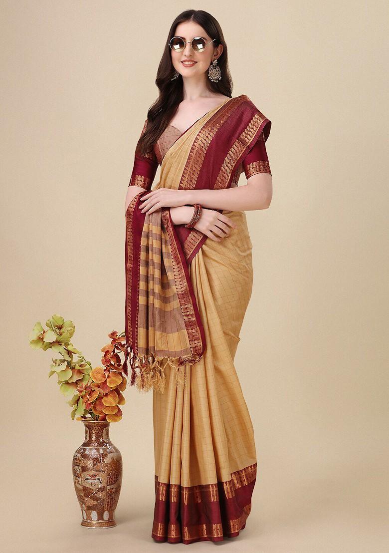 Beige Zari Silk Saree Set
