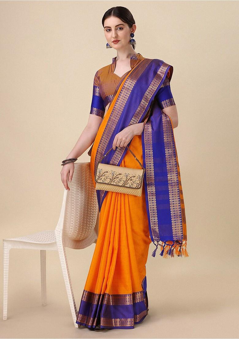Orange Woven Silk Saree Set