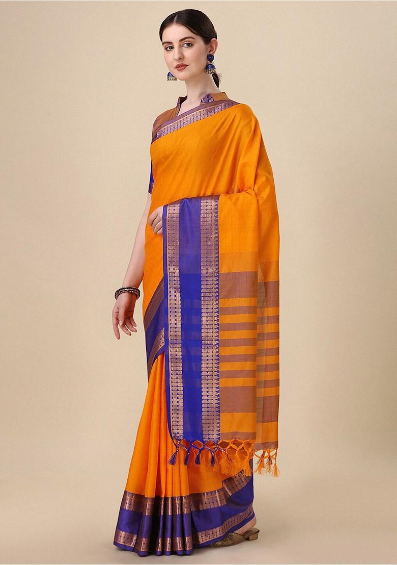 Orange Woven Silk Saree Set