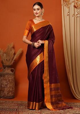Brown Woven Silk Saree Set