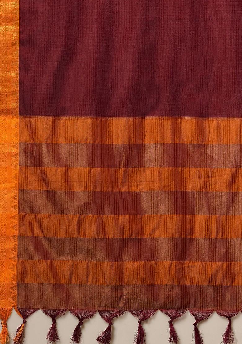 Brown Woven Silk Saree Set