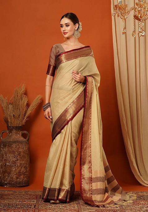 Brown Woven Silk Saree Set