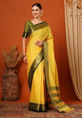 Yellow Woven Silk Saree Set
