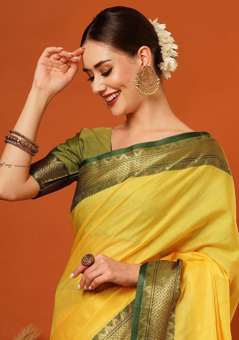 Yellow Woven Silk Saree Set