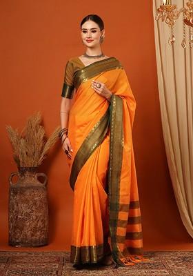 Yellow Woven Silk Saree Set