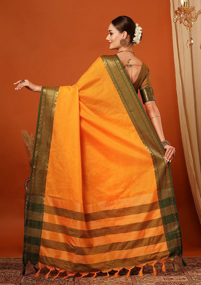Yellow Woven Silk Saree Set