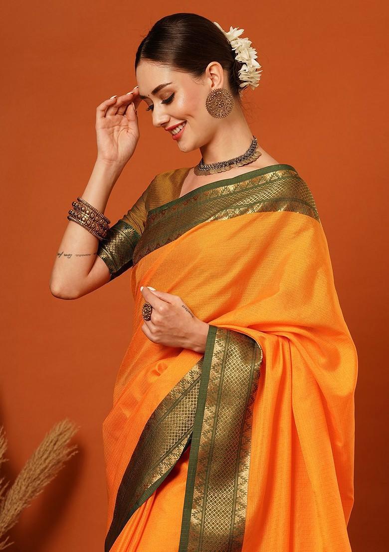 Yellow Woven Silk Saree Set