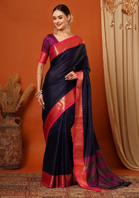 Blue Zari Silk Saree Set